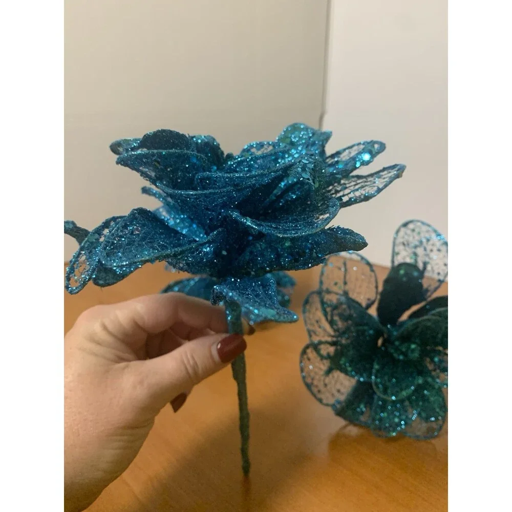 Lot Of 3 Glittered Turquoise Floral Stems  10” X 6”